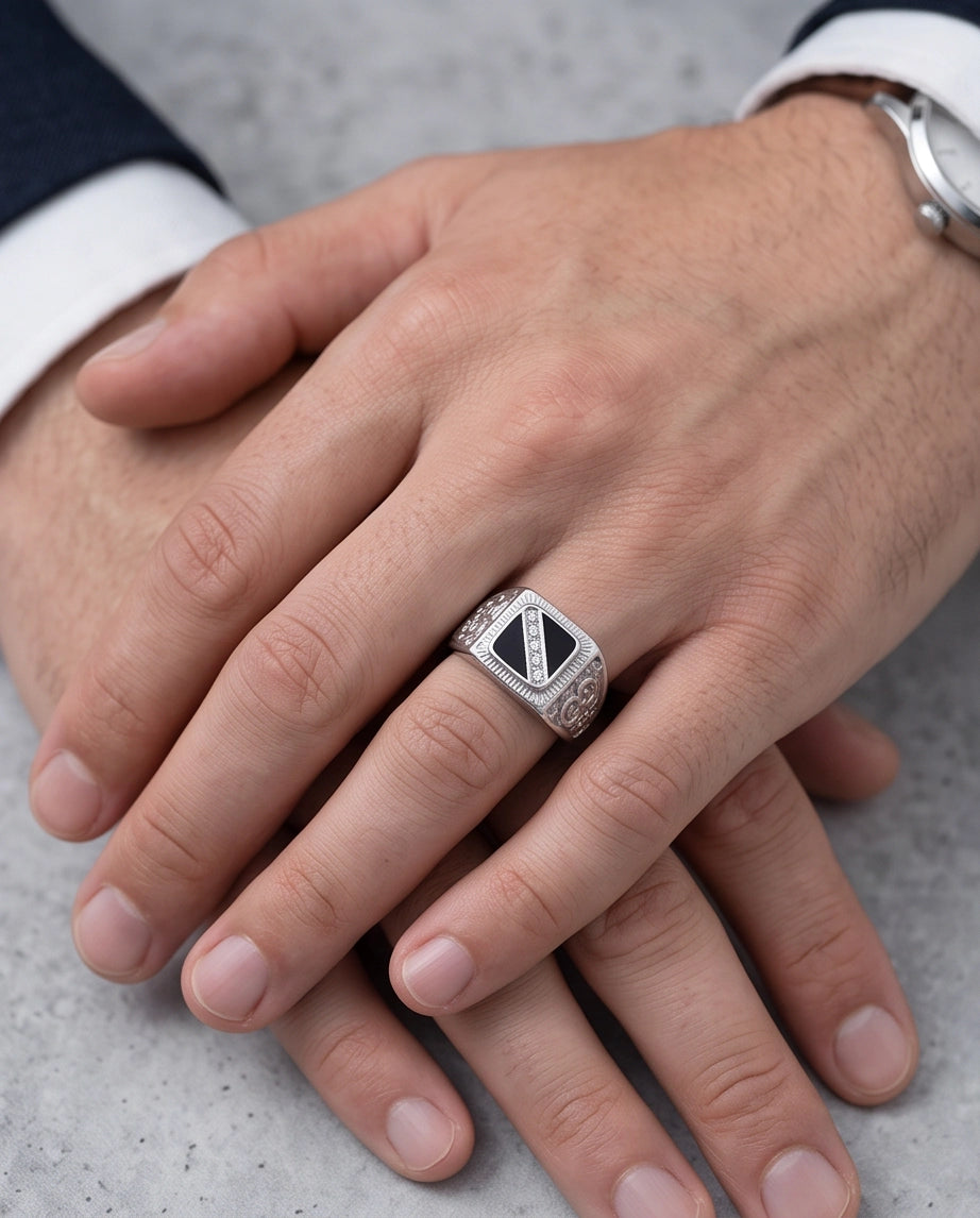 Onyx-Inlay Channel Pavé Diagonal Striped Filigree Silver Ring