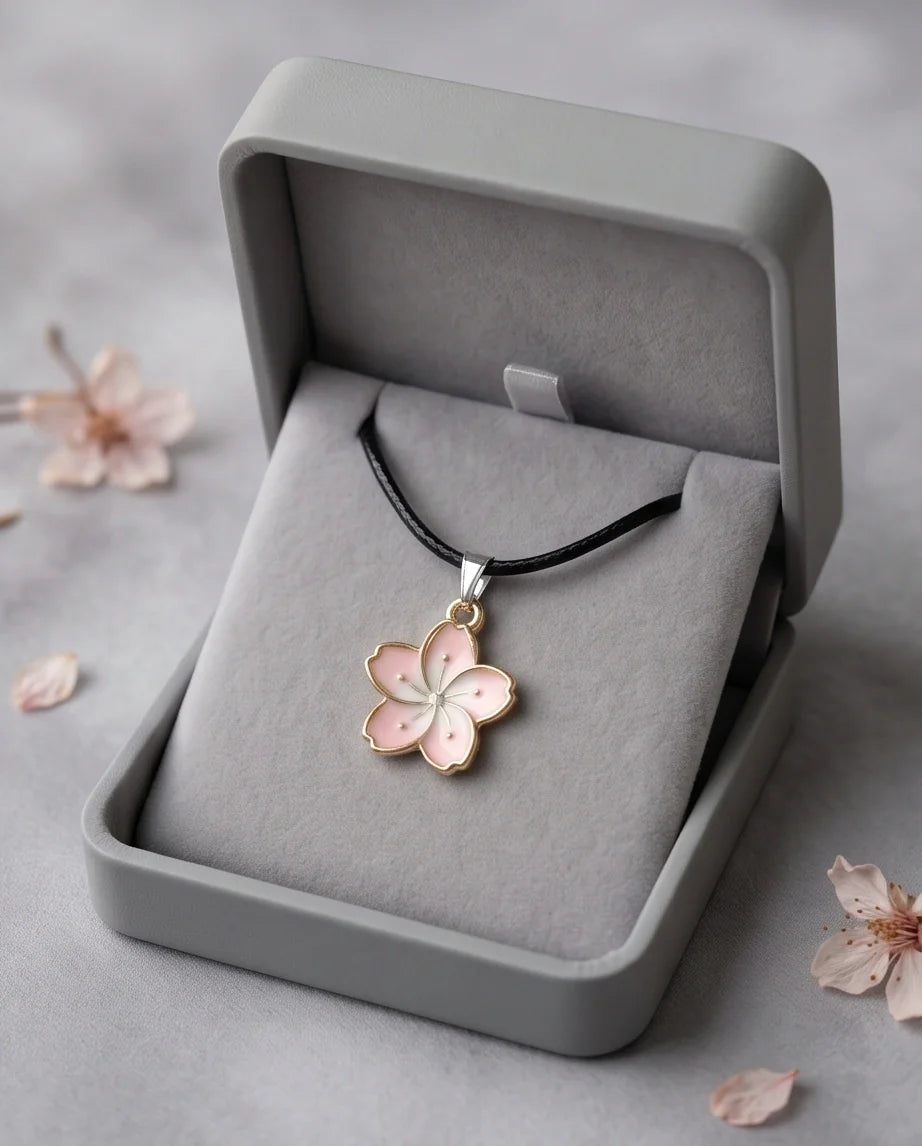 Blushing Cherry Blossom Enamel Pendant Necklace