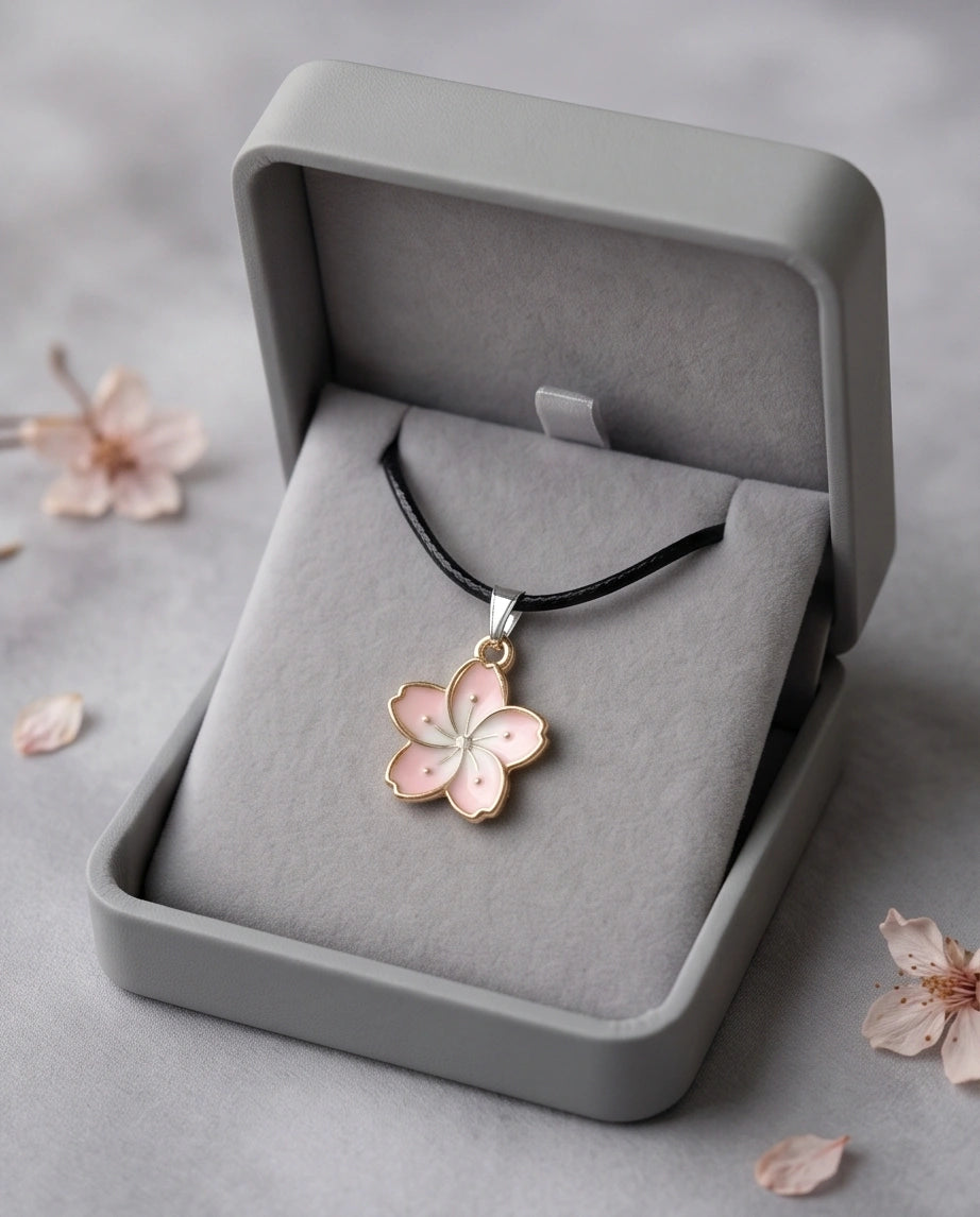 Blushing Cherry Blossom Enamel Pendant Necklace