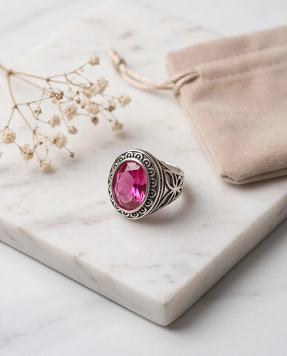 Tourmaline Gemstone Scalloped Bezel Filigree Silver Ring