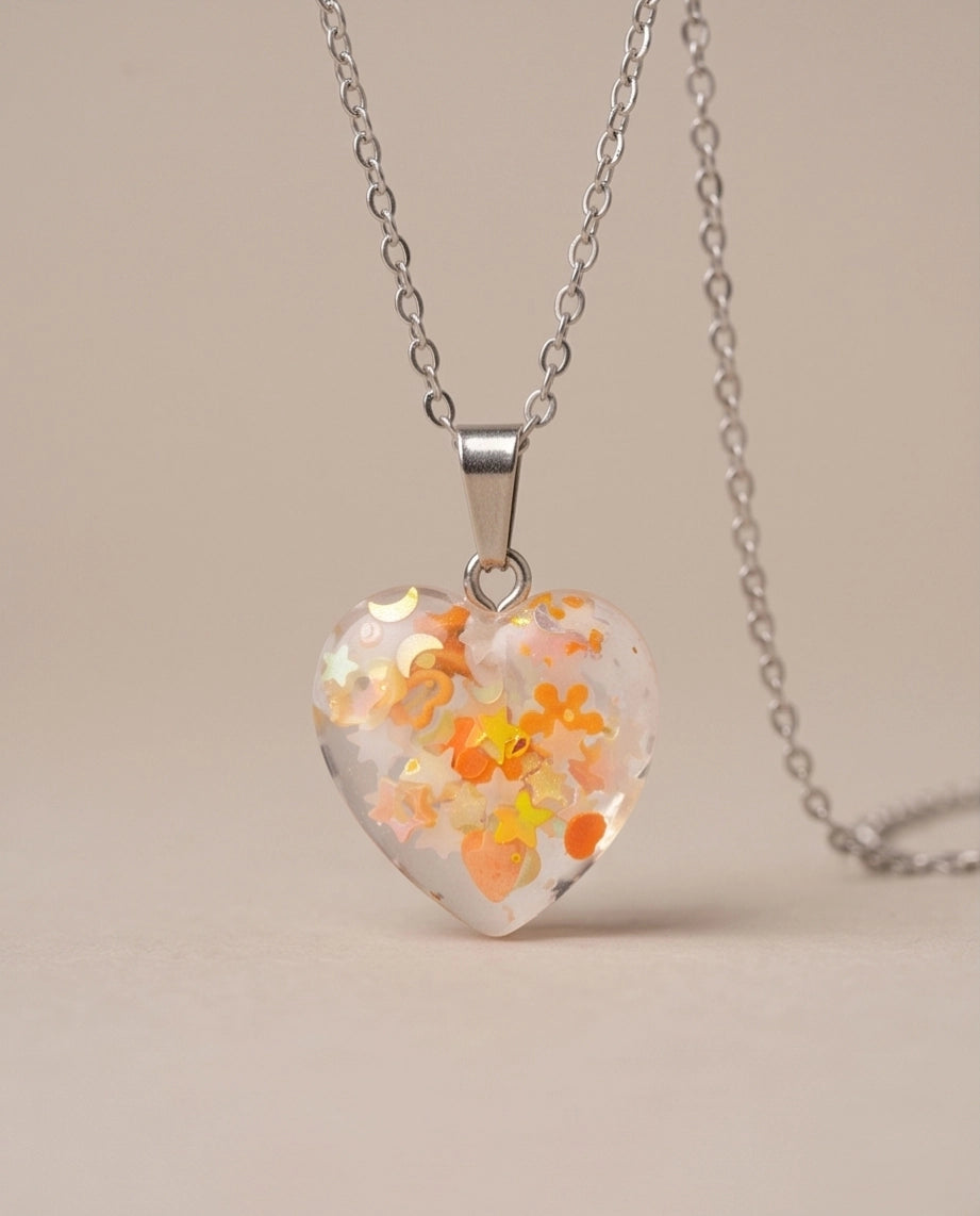 Silver Peach Orange Glitter Heart Resin Pendant Necklace