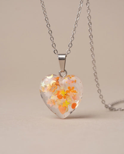 Silver Peach Orange Glitter Heart Resin Pendant Necklace