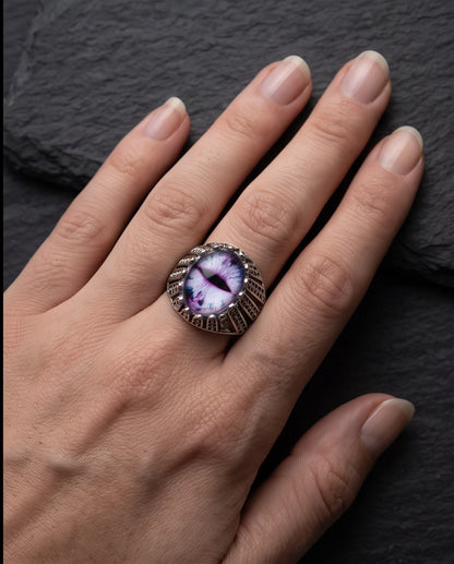 Amethyst Lattice Slit-Pupil Silver Ring
