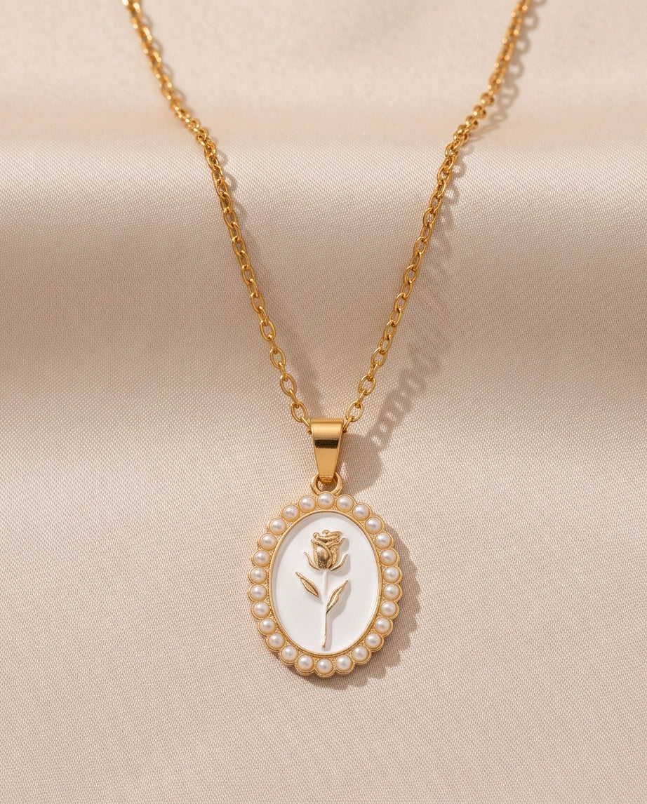 Gold Pearl Frame White Enamel Rose Oval Pendant Necklace