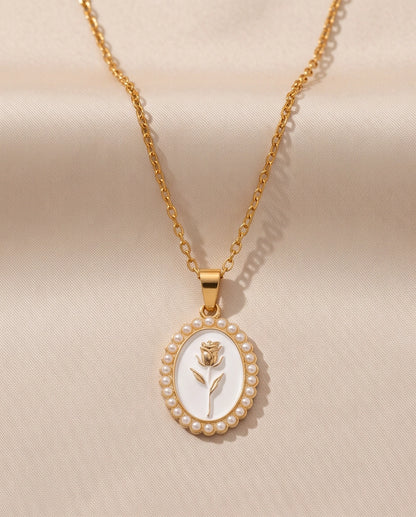Gold Pearl Frame White Enamel Rose Oval Pendant Necklace