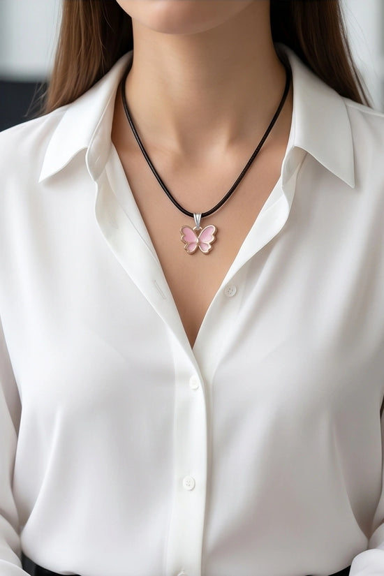 Pink Butterfly Enamel Pendant Necklace