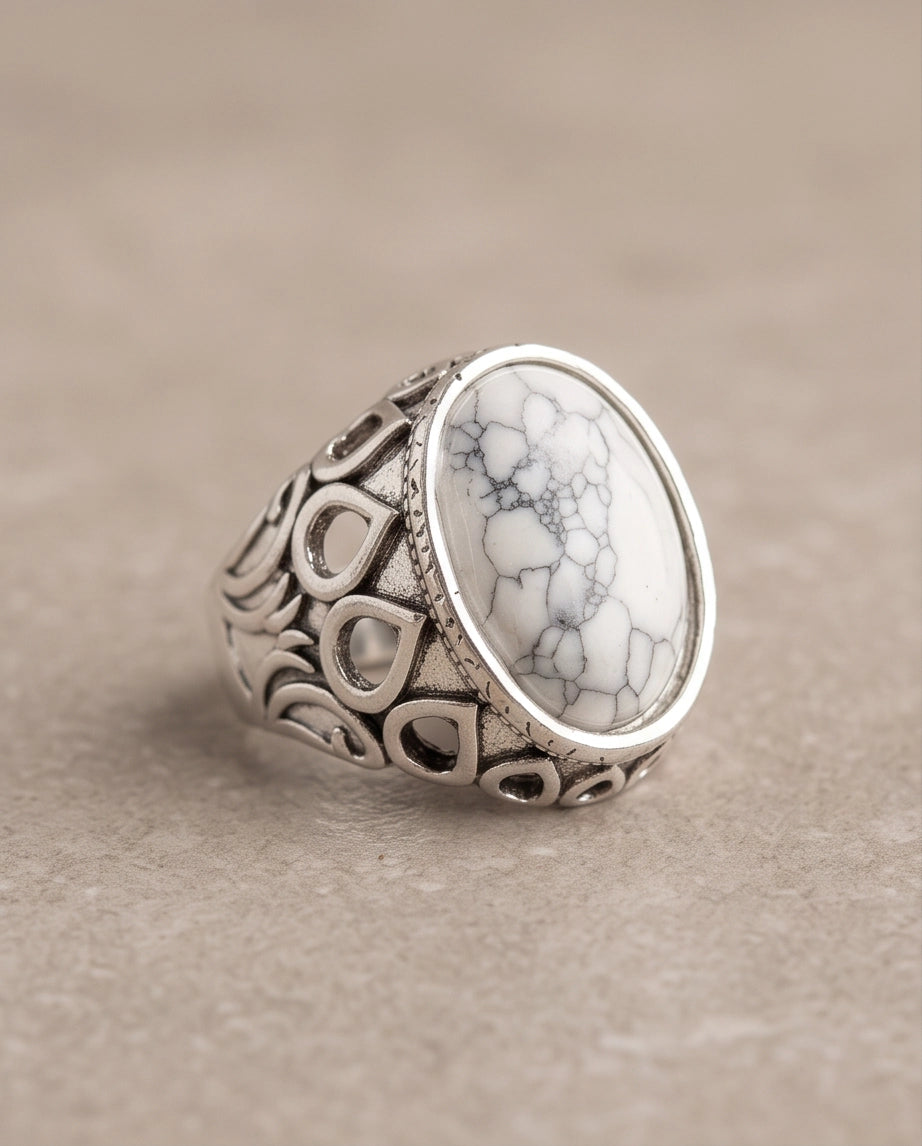 Howlite Cabochon Filigree Silver Ring