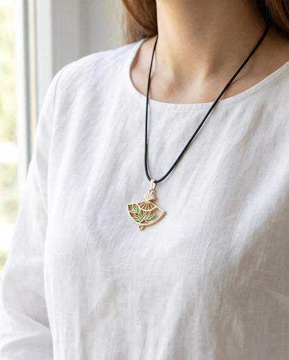 Green Bamboo Fan Pendant Necklace