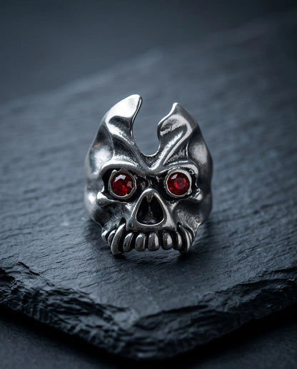 Ruby-Eyed Horned Demon Skull Ring