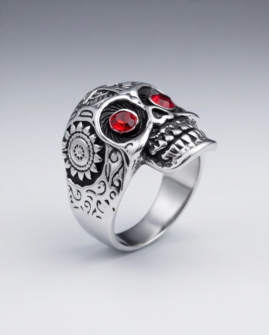 Ruby-Eyed Filigree Skull Band Silver Ring