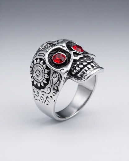 Ruby-Eyed Filigree Skull Band Silver Ring