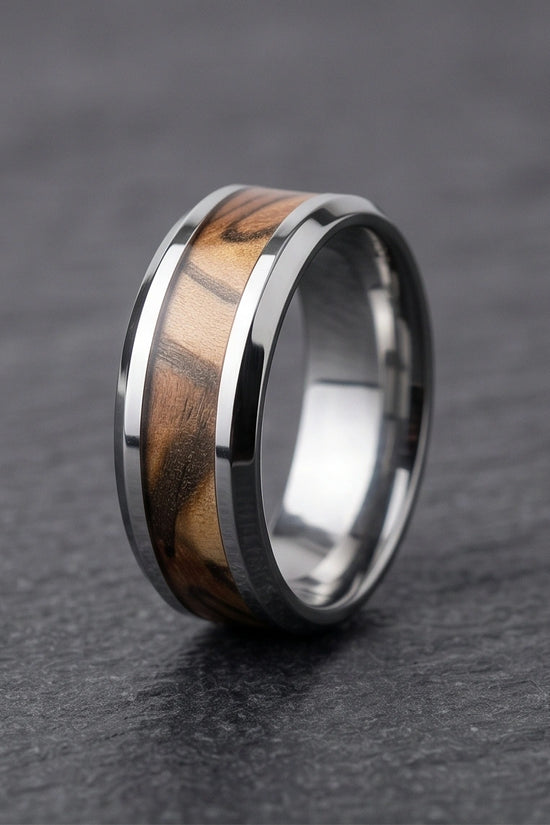 Natural Olive Wood Inlay Silver Band Ring