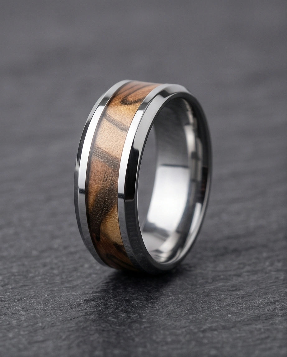 Natural Olive Wood Inlay Silver Band Ring