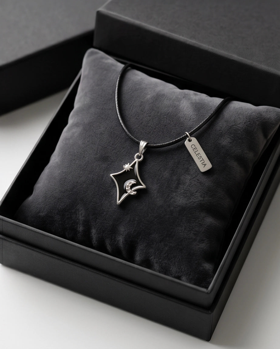 Celestial Black Starburst Moon Pendant Necklace