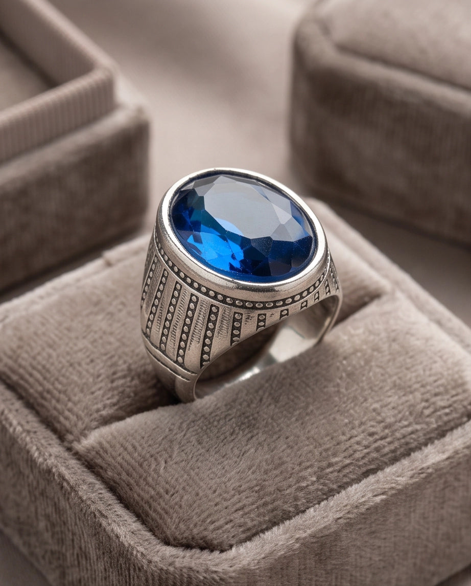 Sapphire Gemstone Beaded Surround Vertical Ribbed Silver Ring