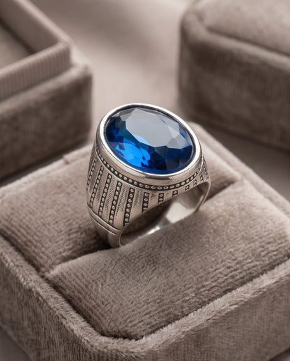 Sapphire Gemstone Beaded Surround Vertical Ribbed Silver Ring
