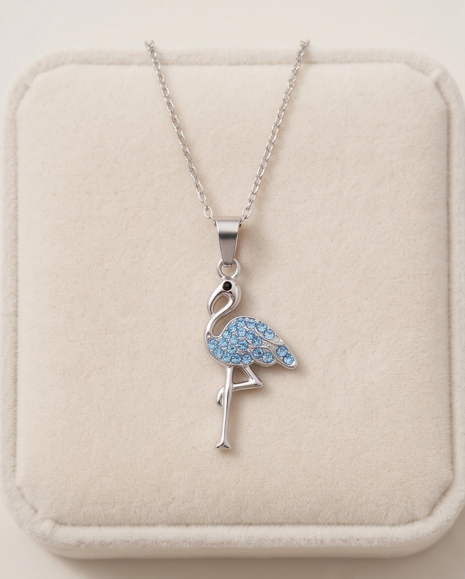 Silver Blue Crystal Paved Flamingo Pendant Necklace