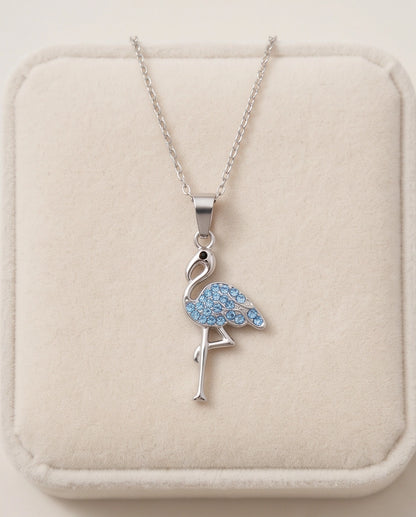 Silver Blue Crystal Paved Flamingo Pendant Necklace