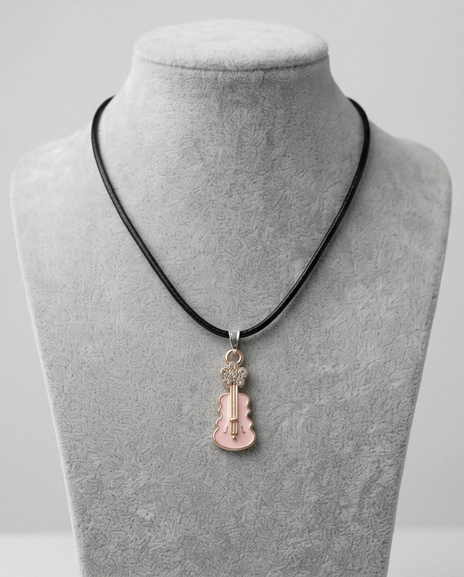 Gold and Pink Enamel Violin Necklace