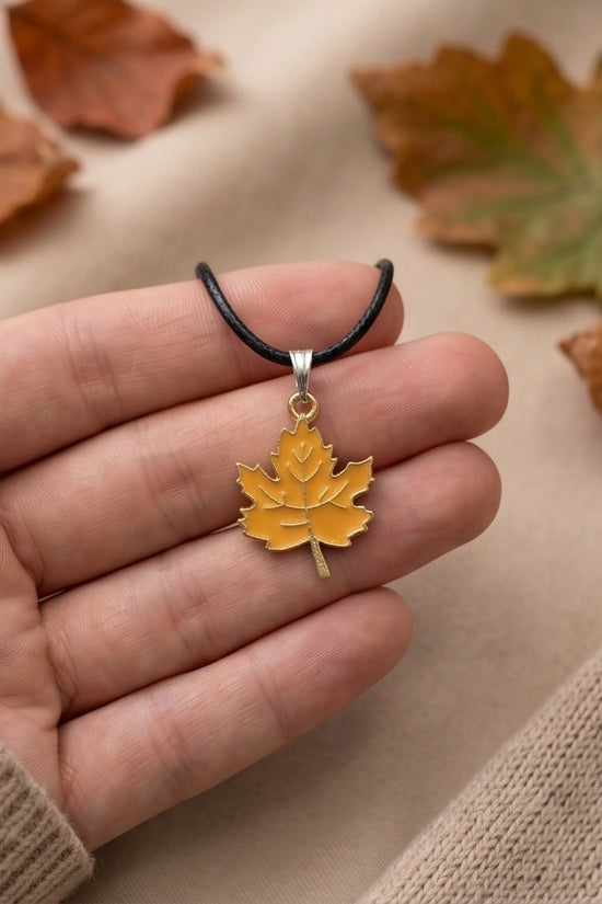 Golden Autumn Maple Leaf Enamel Pendant Necklace