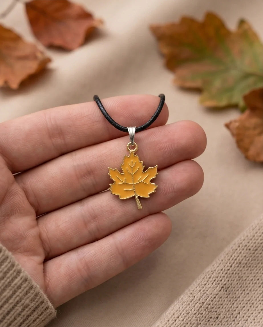 Golden Autumn Maple Leaf Enamel Pendant Necklace