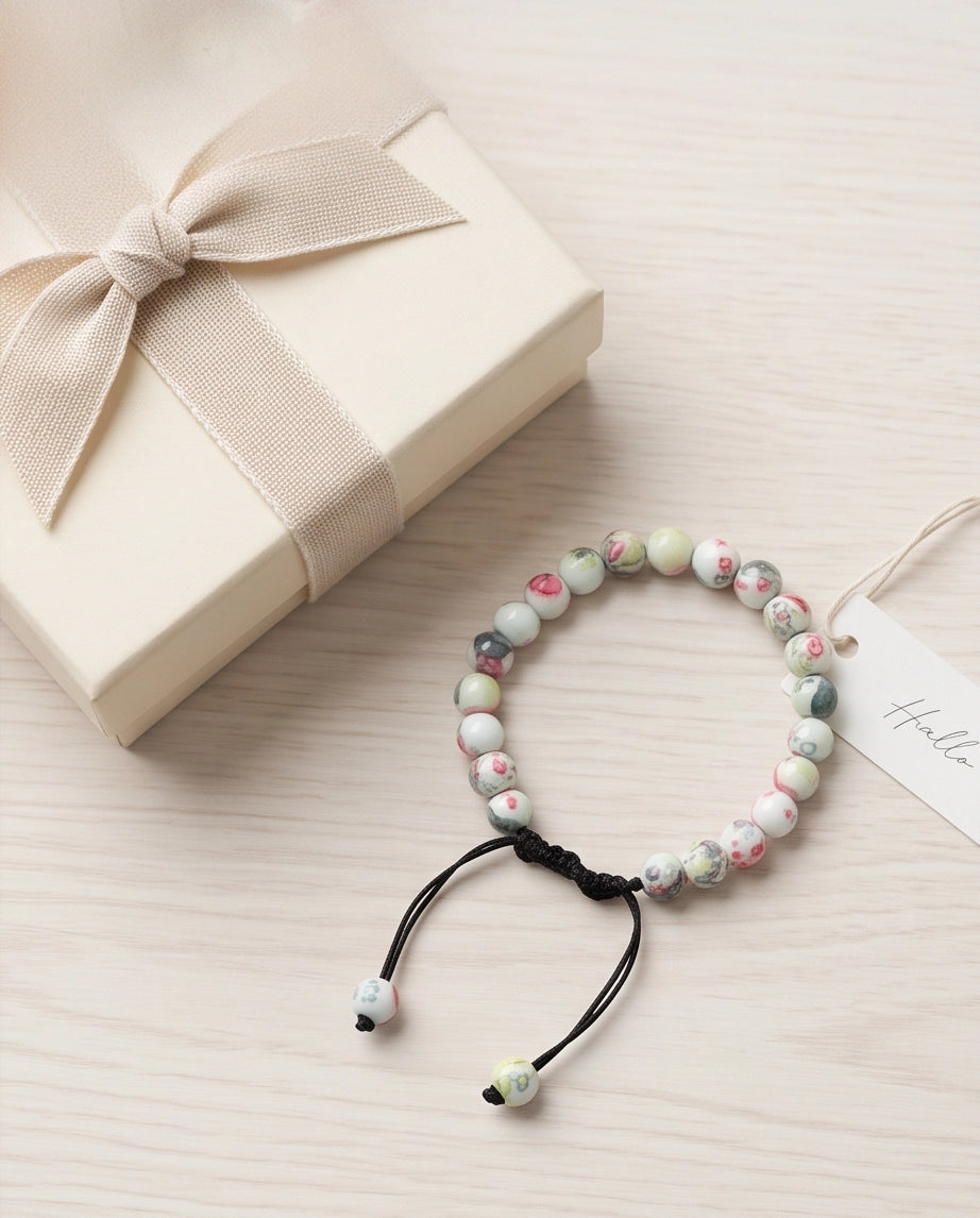 Cherry Blossom Patterned Ceramic Beaded Adjustable Macrame Bracelet