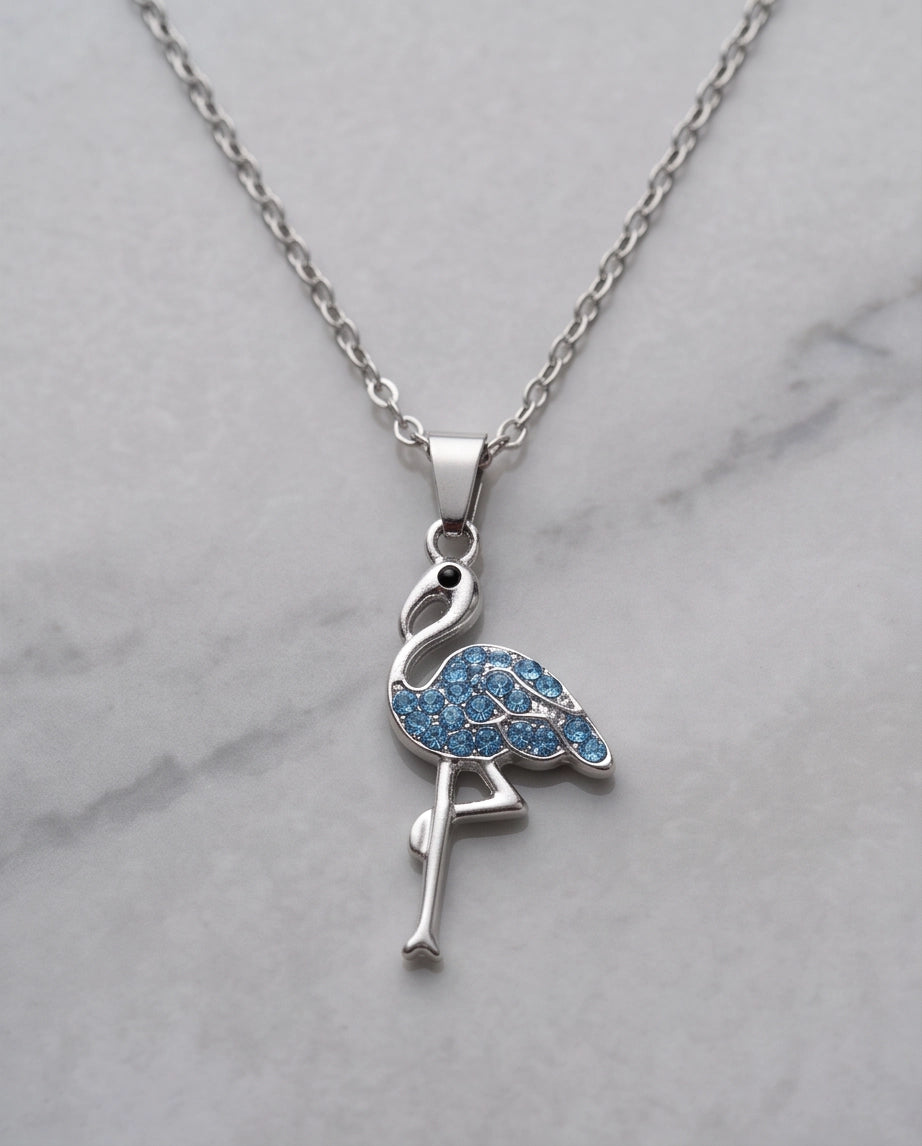 Silver Blue Crystal Paved Flamingo Pendant Necklace