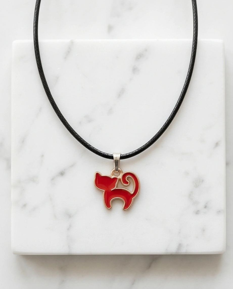 Gold and Red Cat Pendant Necklace