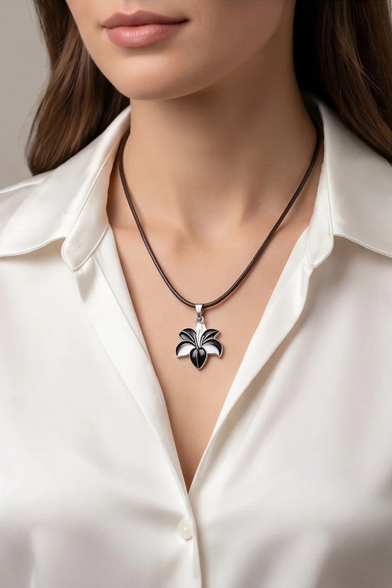 Bold Black and White Lily Enamel Pendant Necklace