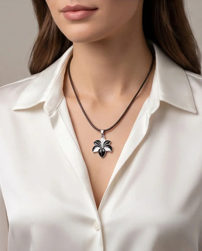 Bold Black and White Lily Enamel Pendant Necklace