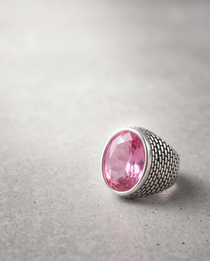 Rose Pink Oval-Cut Gemsonde Brick-Link Silver Ring