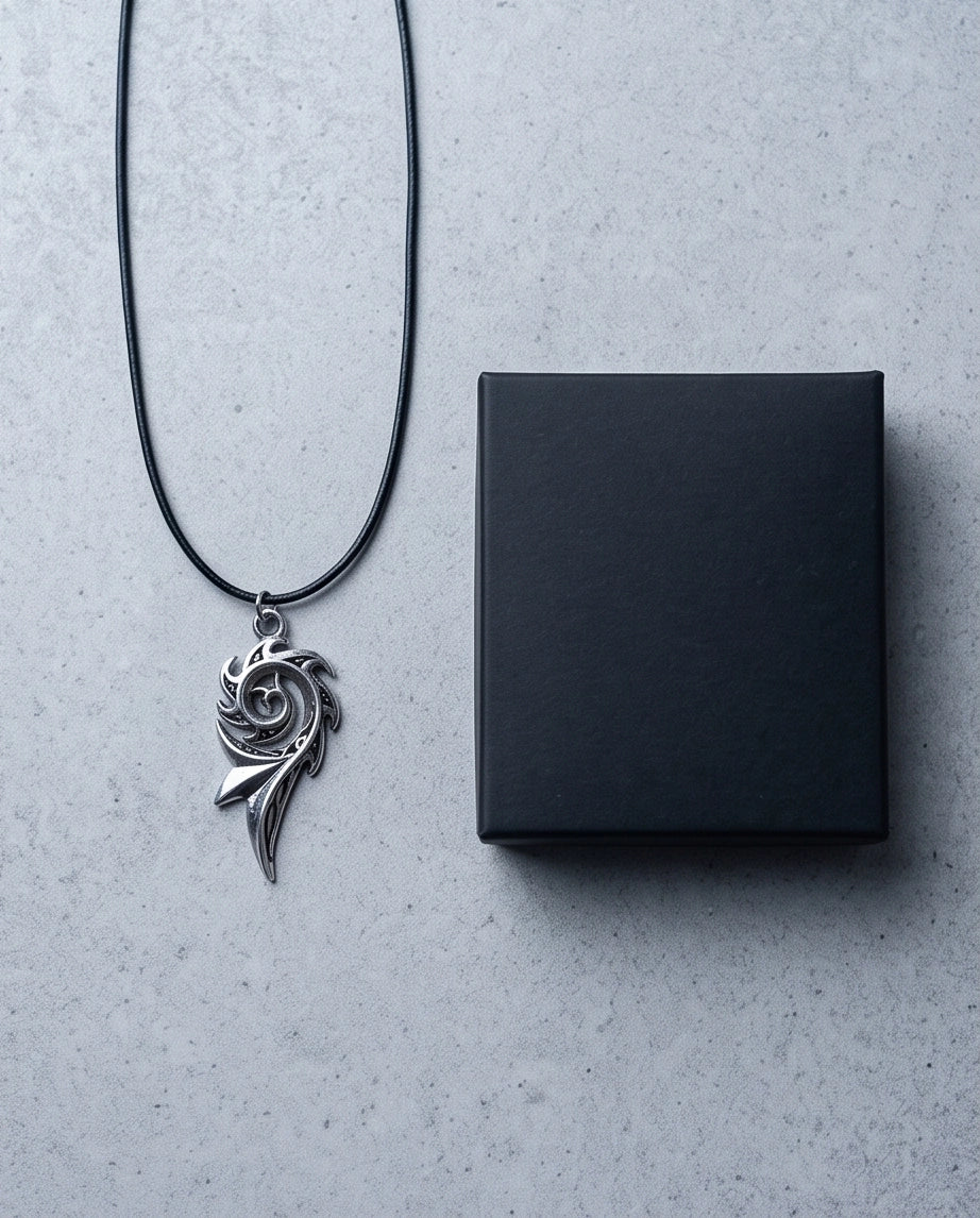 Silver Tribal Swirl Flame Cord Necklace