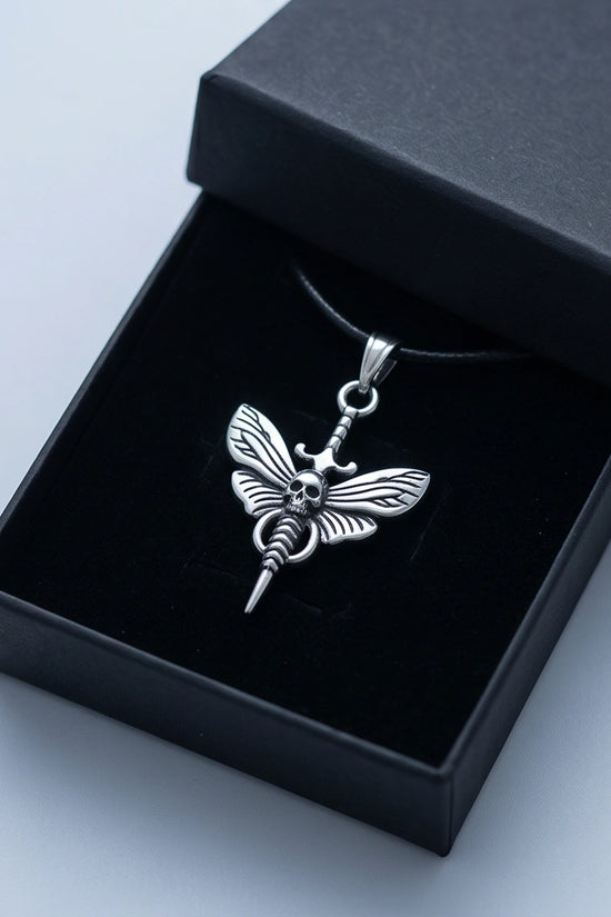 The Shadow Wing: Gothic Skull Moth Dagger Pendant Necklace