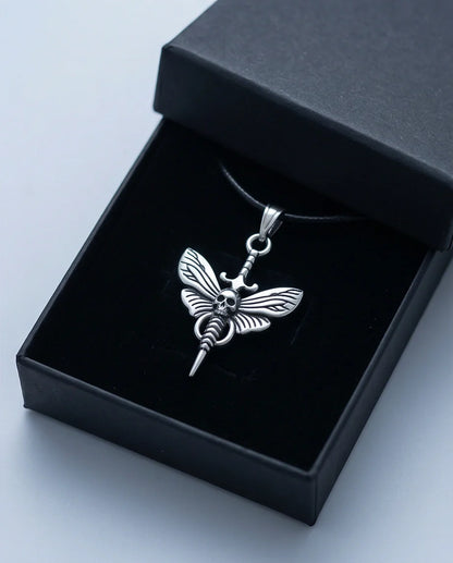The Shadow Wing: Gothic Skull Moth Dagger Pendant Necklace