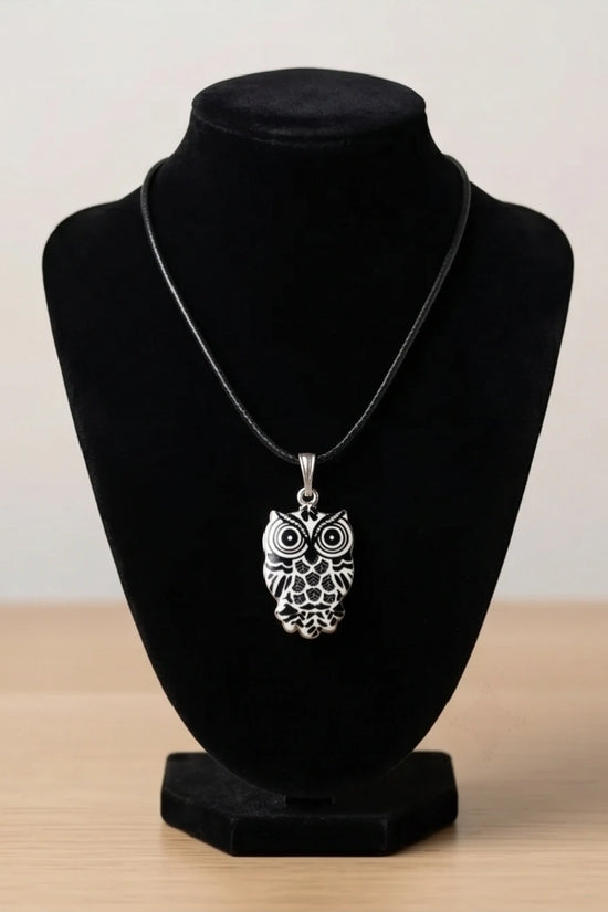 Intricate Monochrome Owl Totem Pendant Necklace