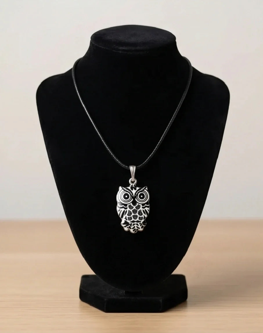 Intricate Monochrome Owl Totem Pendant Necklace