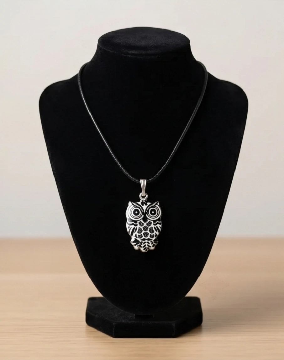 Intricate Monochrome Owl Totem Pendant Necklace