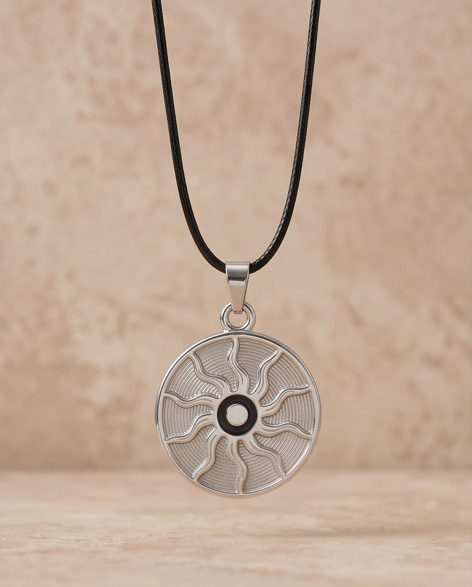 Silver Celestial Sunburst Medallion Cord Necklace