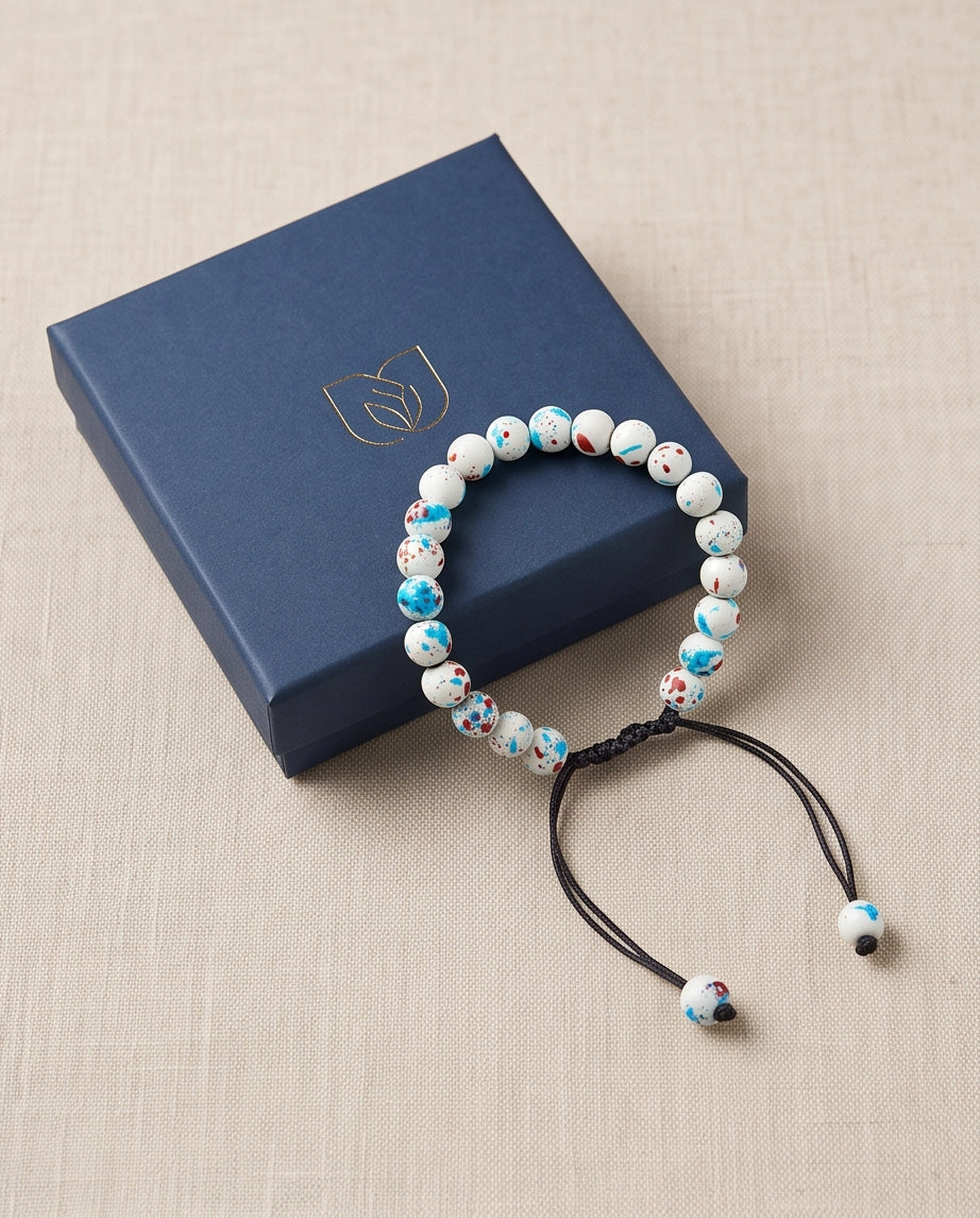 Splatter Paint White Ceramic Beaded Adjustable Macrame Bracelet