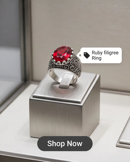 Ruby Gemstone Scalloped Crown Bezel Scroll Filigree Silver Ring