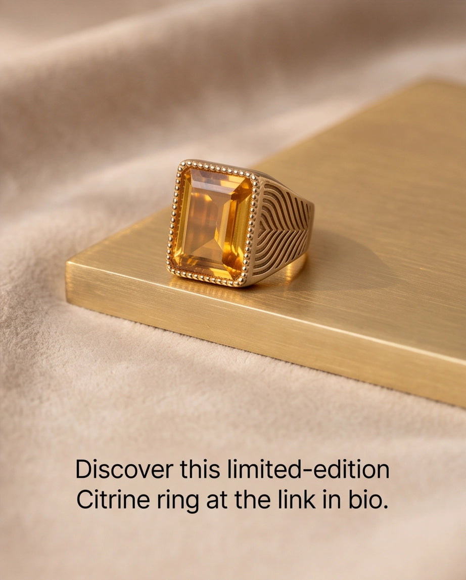 Citrine Emerald-Cut Beaded Signet Ring