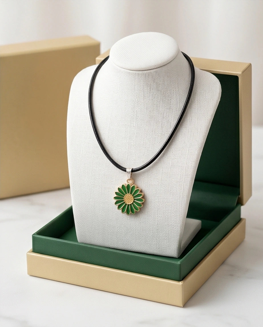 Gold and Green Daisy Pendant Necklace