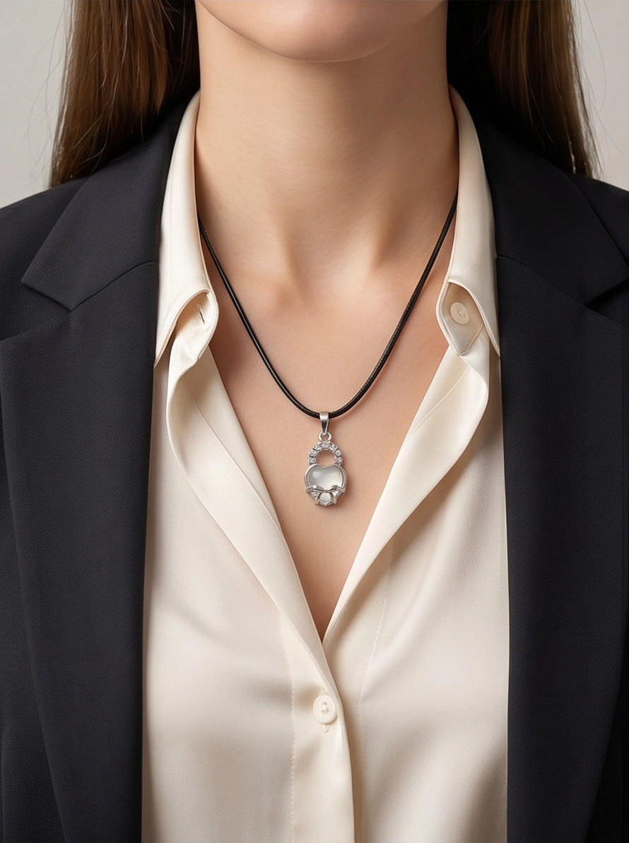 White Moonstone Heart Bow Lock Pendant Necklace
