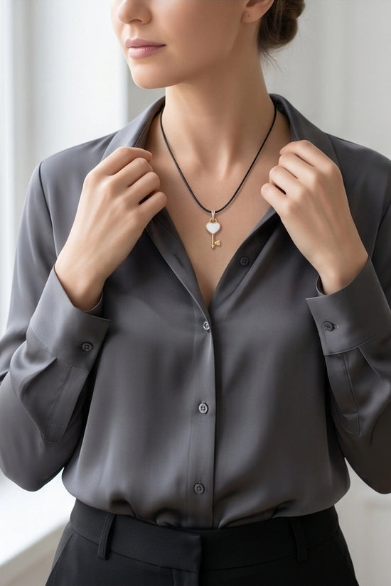Gold and White Heart Key Pendant Necklace