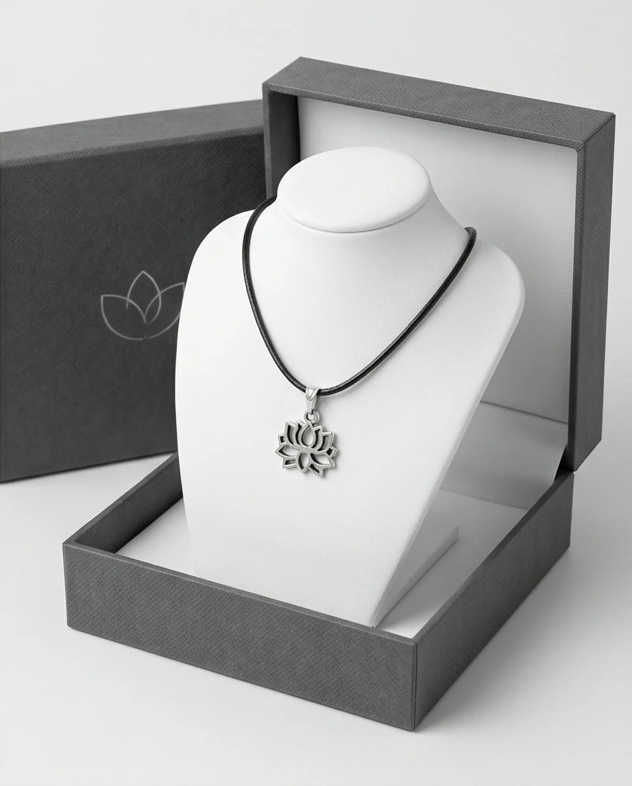 The Zen Bloom: Geometric Matte Silver Lotus Pendant Necklace