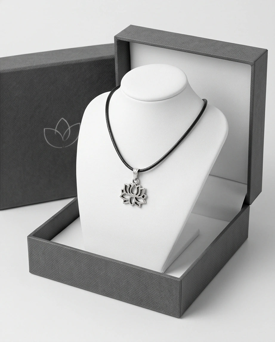 The Zen Bloom: Geometric Matte Silver Lotus Pendant Necklace