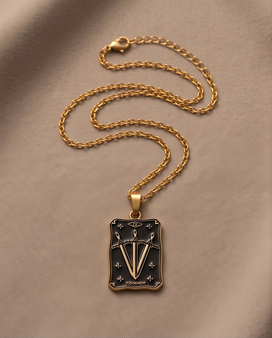 Gold "Judgement" Three Swords Tarot Card Pendant Necklace