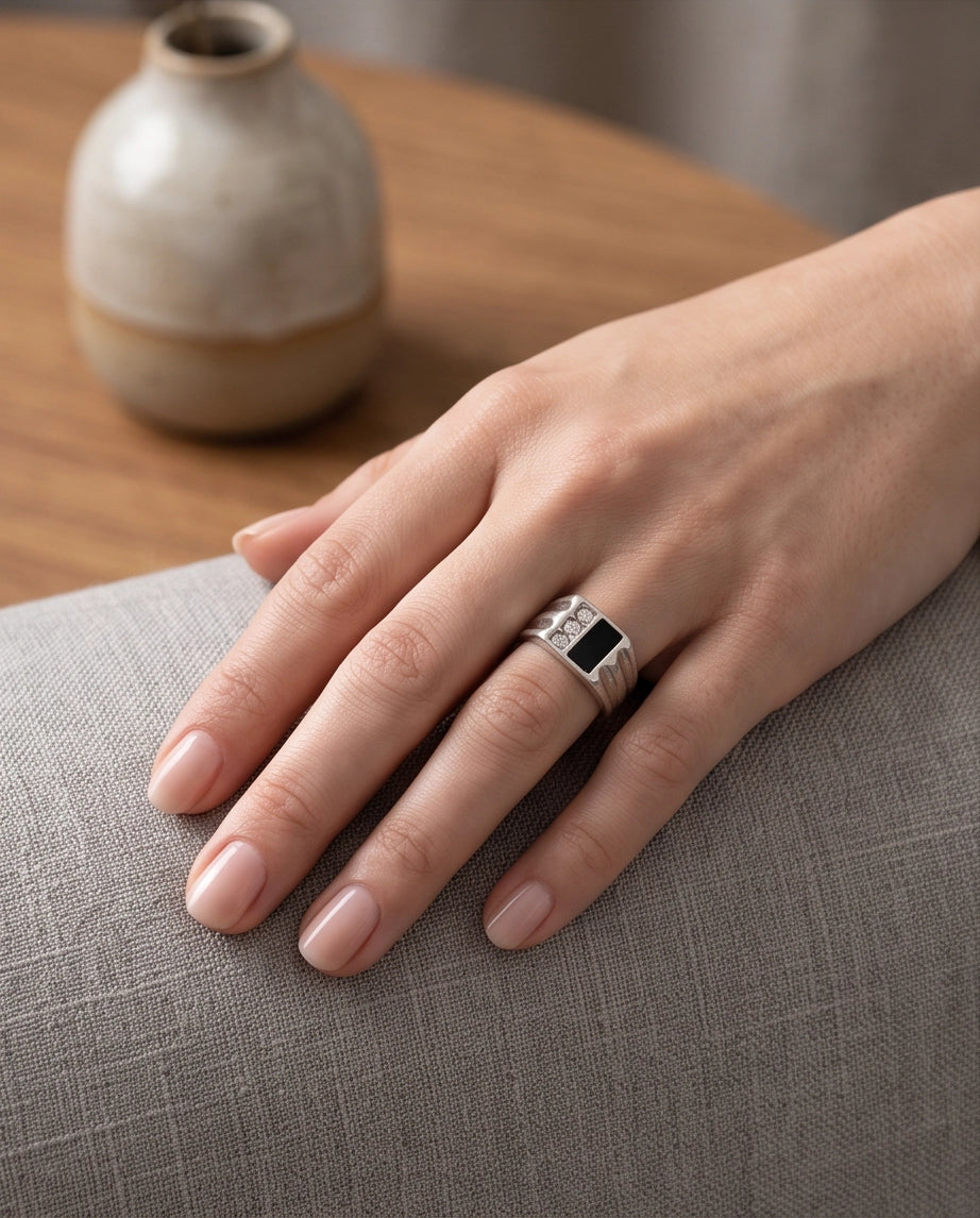 Dual-Panel Onyx & Triple-Crystal Fluted Shoulder Silver Ring
