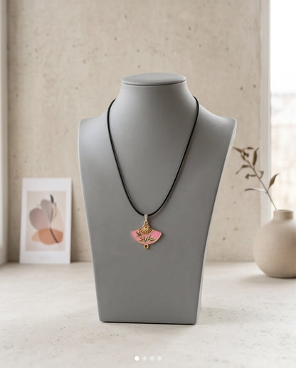 Pink Enamel Bamboo Fan Pendant Necklace