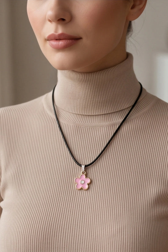 Dainty Pink Five-Petal Flower Enamel Pendant Necklace